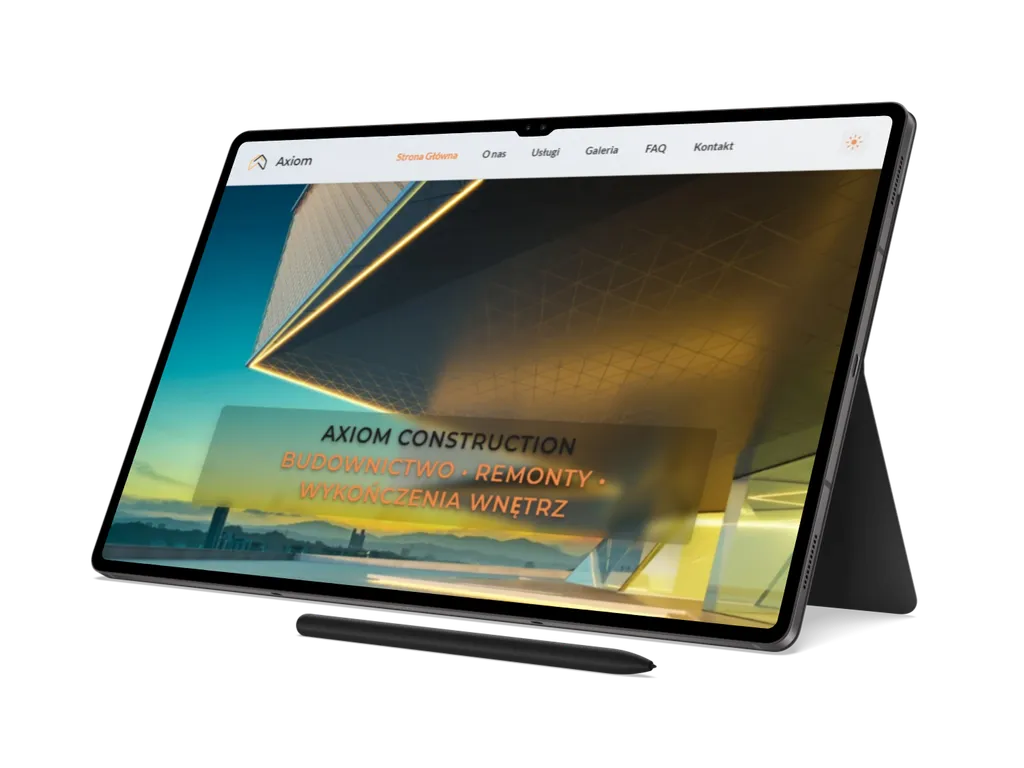 Mockup tabletowy projektu Axiom Construction prezentowany w widoku tabletu