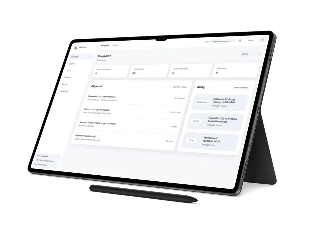 Tymczasowy mockup tabletowy projektu FleetOps prezentowany w widoku tabletu